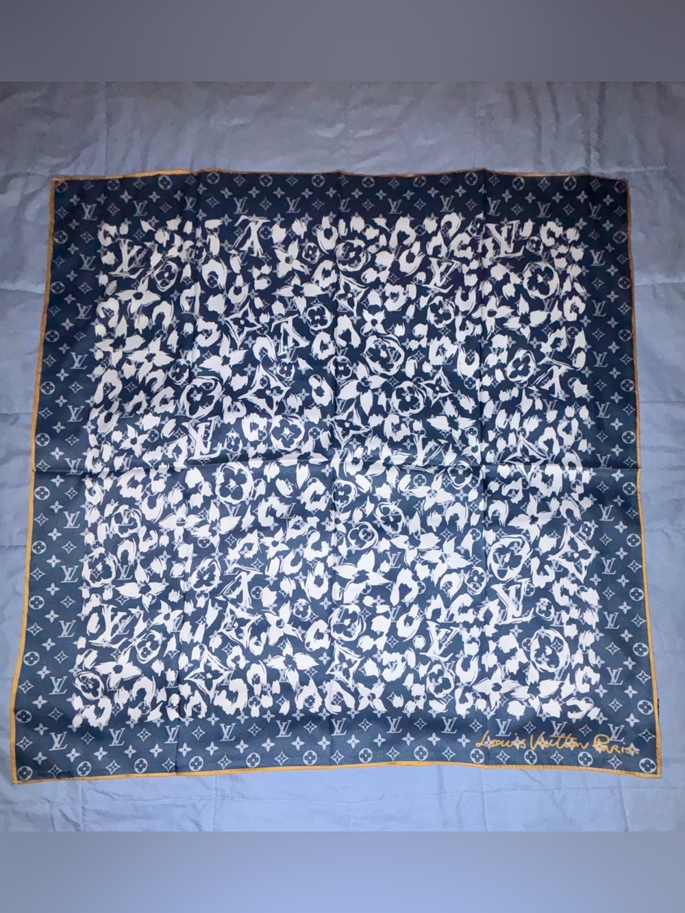Brand New 100% Silk  Navy and White Silk Monogram Floral Scarf with Gold Trim
